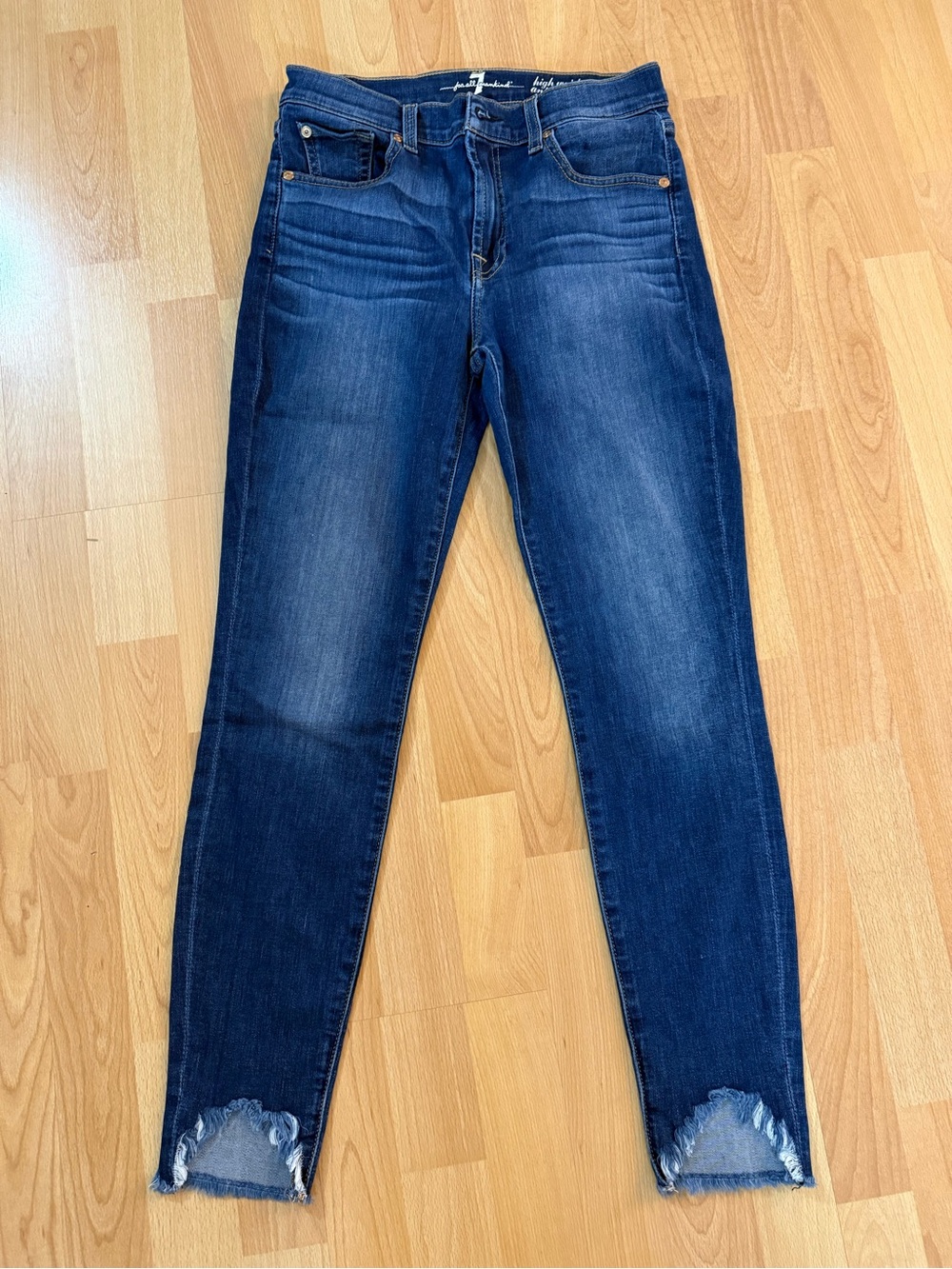 7 For All Mankind Dark Wash Skinny Jeans with Distressed Ankles